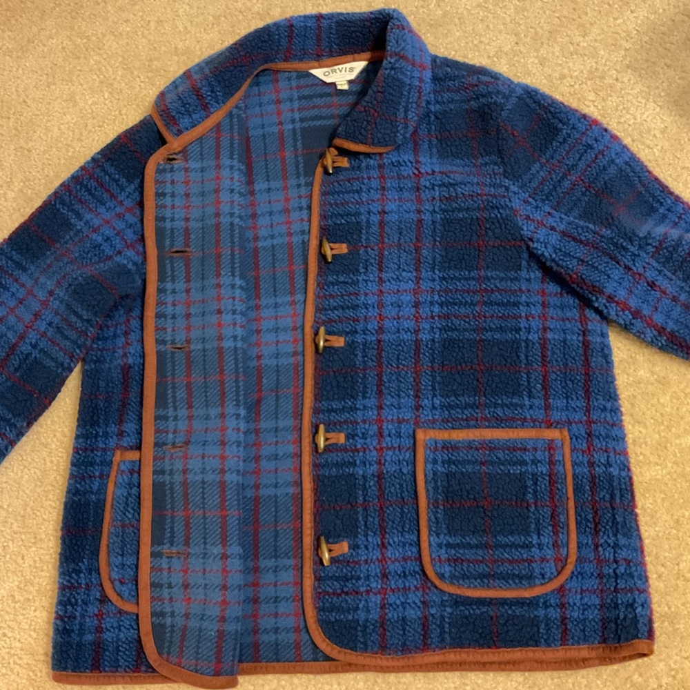 Orvis Blue Burgundy Plaid & Brown Trim Toggle 5 Button Down Fleece Jacket Blazer - Picture 8 of 15